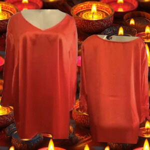 Jessica London 12W Fire Red Satin V-Neckline 3/4 Ruched Sleeve Blouse
